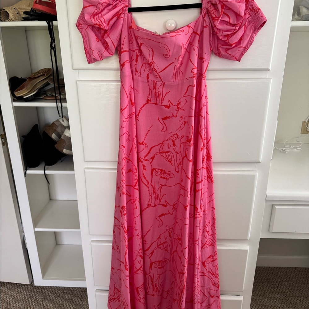 Pink Maxi Gown with Puff Sleeves and Square Neckline